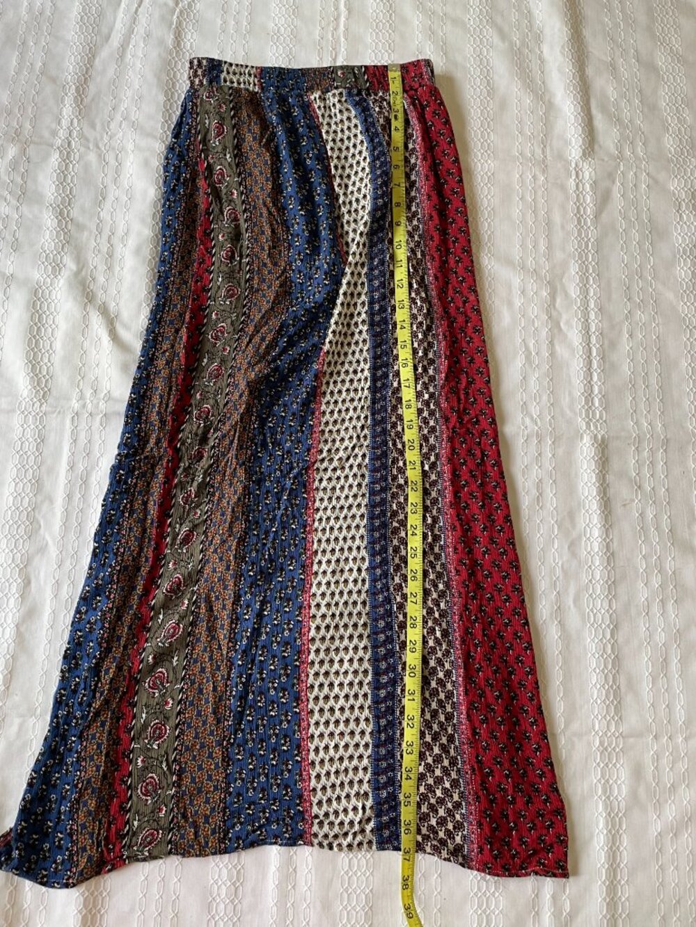 Boho Striped Patchwork Maxi Skirt in Red, Blue, Olive & Cream Leg Slit - Picture 2 of 6